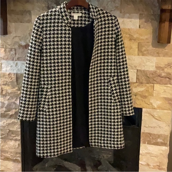 H&M hm Fitted Coat Jacket in Woven Fabric Black White Houndstooth Pattern Size 6 - Picture 2 of 16